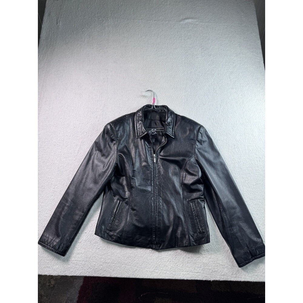 MS. MAXIMA Women's Black Leather Jacket Full Zip Pockets Size L Made in China